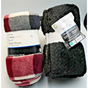 Mainstays Plush Throw Blanket Set– 50x60" –Red Plaid + Textured Black – Lot of 2
